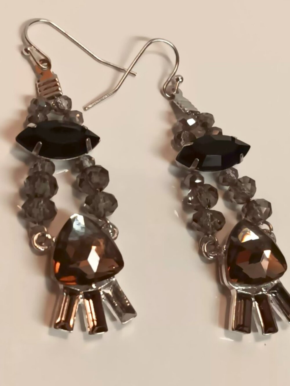 Earrings, French hook, topaz and black colored cabochons, unbranded.